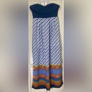 Jealous Tomato Strapless Maxi Dress, Sz M, Denim-like Top, Bright Flowing Skirt